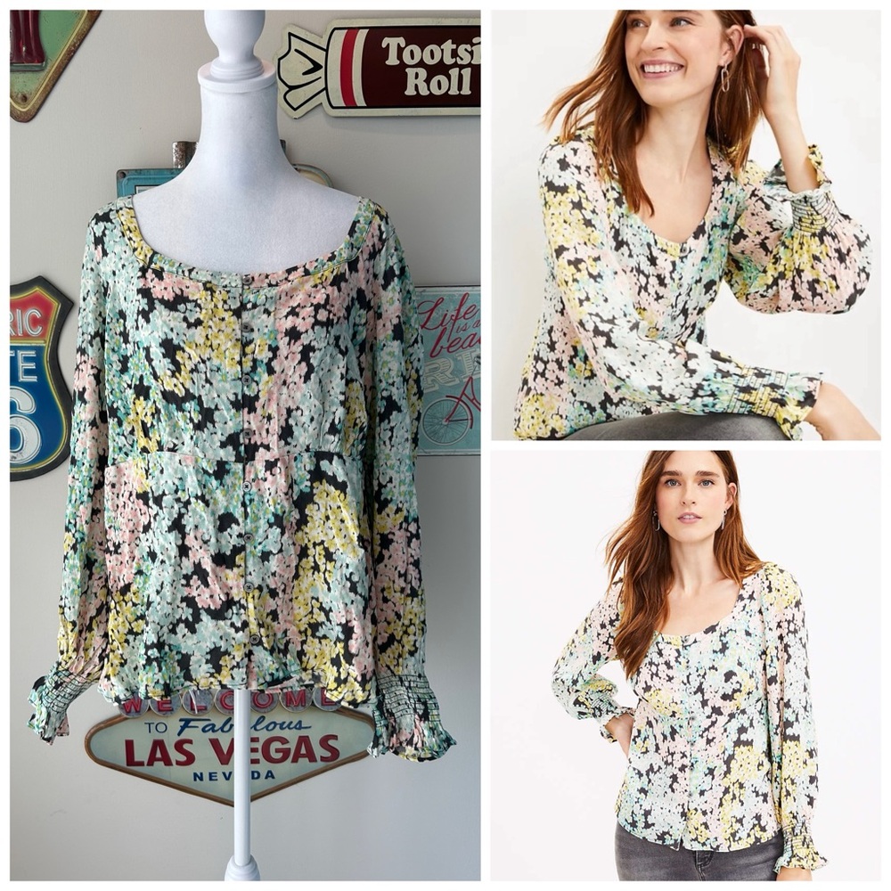 LOFT Garden Floral Smocked Cuff Button Front Blouse Flirty Romantic Feminine